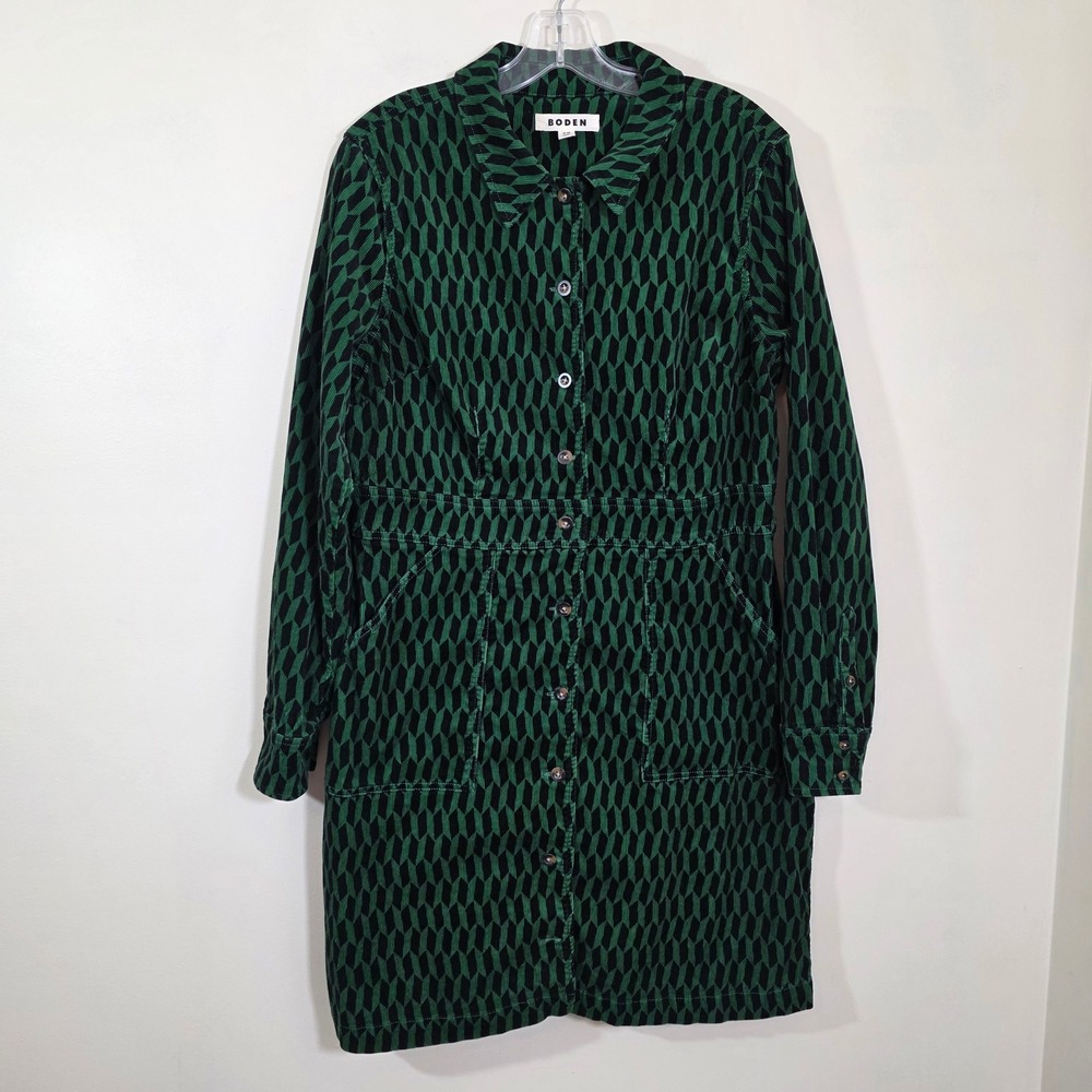 Boden Womens Flora Cord Shirt Dress Amazon Green Block Tile Geometric Size 12R
